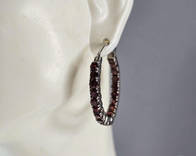 Womens Vintage Estate Sterling Silver Garnet Hoop Earrings 6.9g E1981