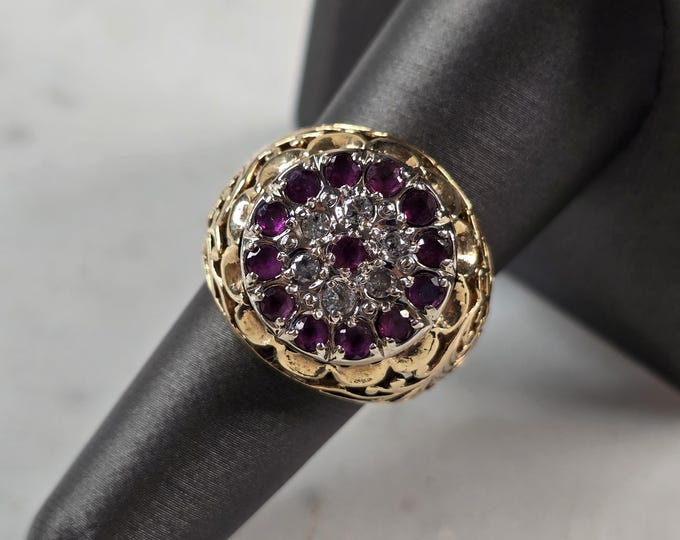 Womens Vintage Estate 10k Yellow Gold Diamond Amethyst Ring 8.2g E6821
