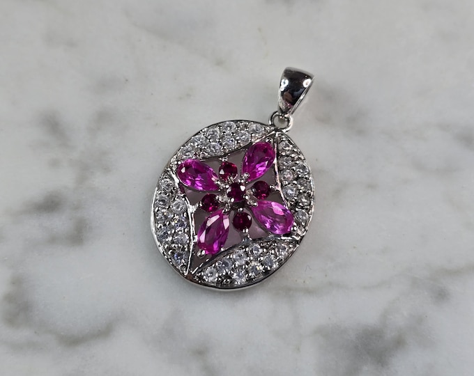 Womens Estate Sterling Silver Modernist CZ Floral Pendant 3.1g E1857