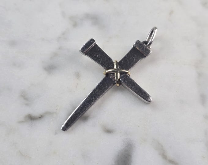Vintage Sterling Silver & 14K Gold JM Religious Cross Nail Pendant 6.6g E4604