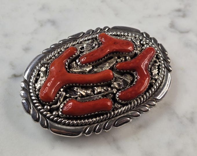 Vintage Estate Sterling Silver Native American Zuni Coral Belt Buckle 74.4g E612
