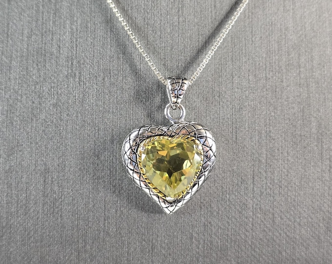 Womens Vintage Estate Sterling Silver Citrine Heart Pendant Necklace 9.1g E7551