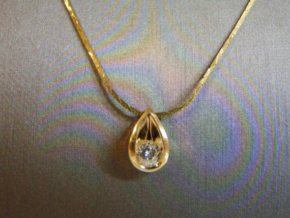 Vintage Estate 14K Gold Necklace & Tear Drop Diam… - image 1