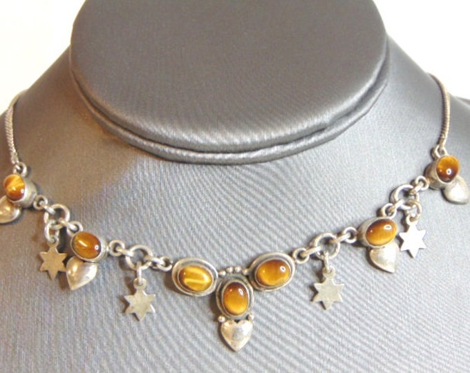 Womens Vintage Estate Sterling Silver Tigers Eye Necklace 18.1g E5725