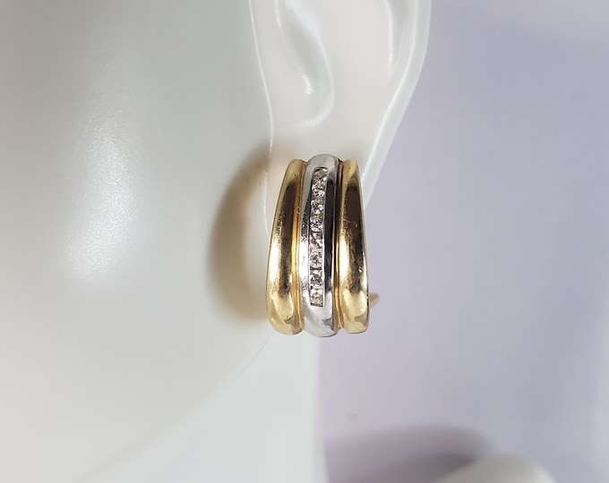 Womens Vintage Estate 14K Yellow & White Gold Diamond Hoop Earrings, 7.0g E2846