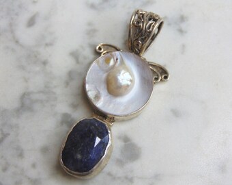 Womens Vintage Estate Sterling Silver MOP & Lapis Lazuli Stone Pendant 19.6g E4810