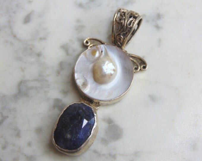 Womens Vintage Estate Sterling Silver MOP & Lapis Lazuli Stone Pendant 19.6g E4810