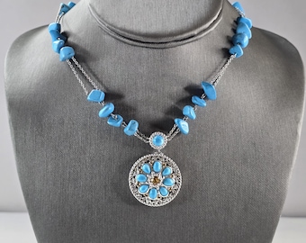 Womens Vintage Estate Sterling Silver Necklace & Turquoise Pendant 29.4g E4059