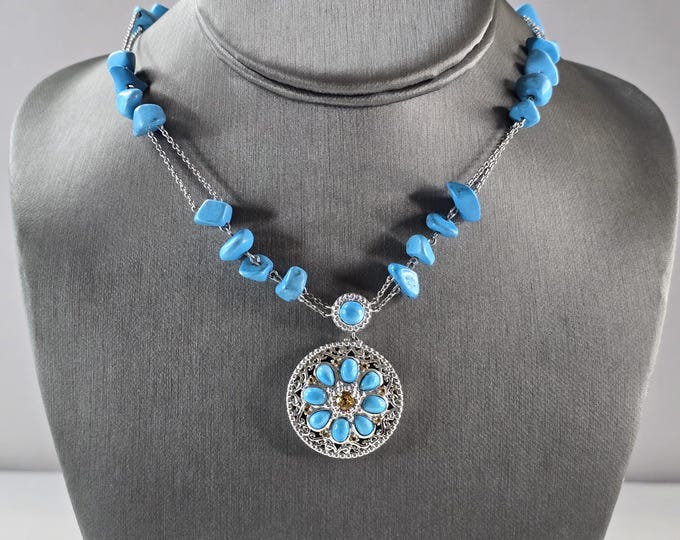 Womens Vintage Estate Sterling Silver Necklace & Turquoise Pendant 29.4g E4059