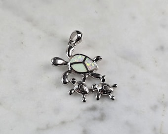 Womens Sterling Silver Opal Sea Turtle w/ Babies Pendant 3.7g E6114