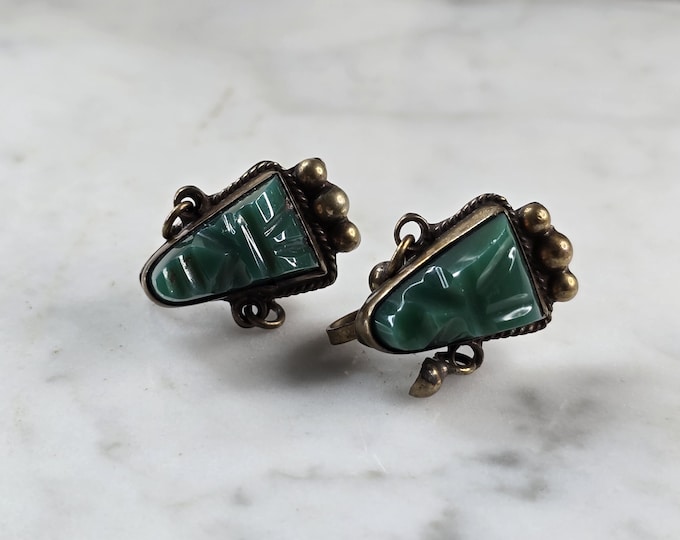 Womens Vintage Sterling Silver Green Onyx Mayan Aztec Earrings, 8.9g E3288