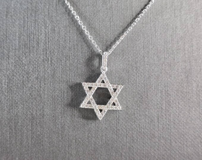 Sterling Silver Jewish Judaica Star of David CZ Pendant Necklace, 4.2g E5840