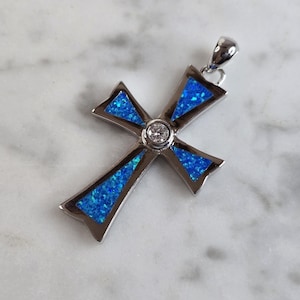 Womens Sterling Silver Blue Opal Religious Cross Pendant 4.2g E4462