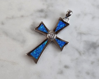 Womens Sterling Silver Blue Opal Religious Cross Pendant 4.2g E4462