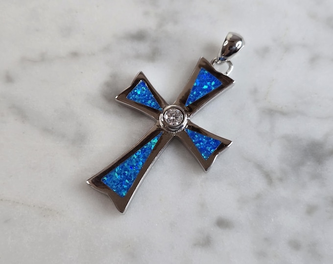 Womens Sterling Silver Blue Opal Religious Cross Pendant 4.2g E4462