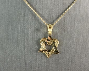 Sterling Silver GT Jewish Judaica Star David Heart Pendant Necklace 2.4g E3995