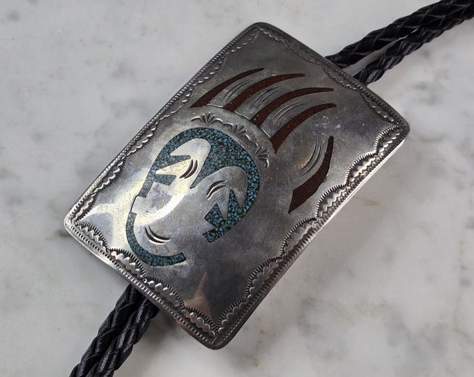 Native American Bear Claw Sterling Silver Turquoise Coral Bolo Tie E639