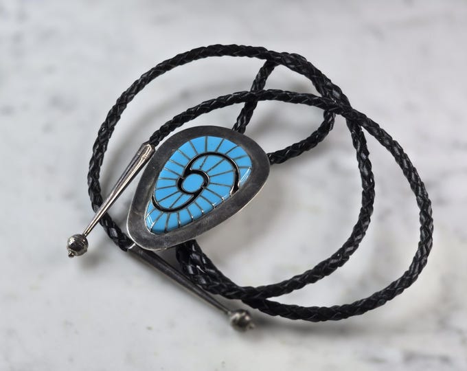 Southwestern Native American Sterling Silver Turquoise Bolo Tie E645