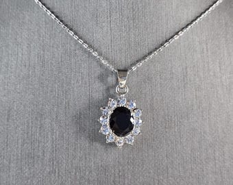 Womens Estate Sterling Silver Sapphire CZ Pendant Necklace 4.0g E4981