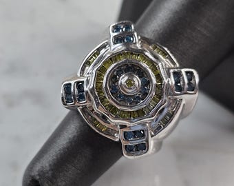 Womens Vintage Art Deco 10K White Gold Topaz & Yellow Diamond Ring 13.6g E3974