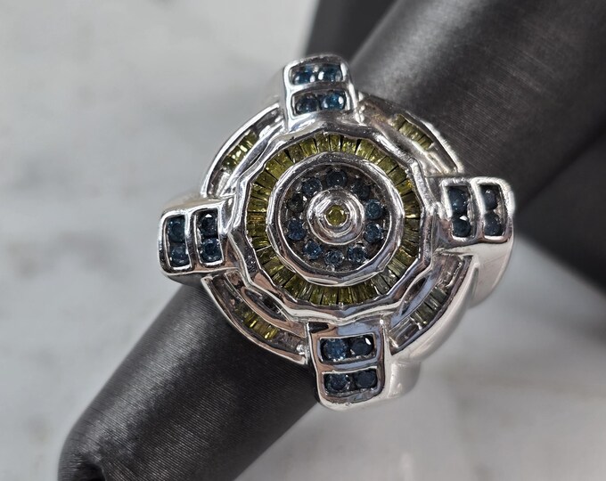 Womens Vintage Art Deco 10K White Gold Topaz & Yellow Diamond Ring 13.6g E3974