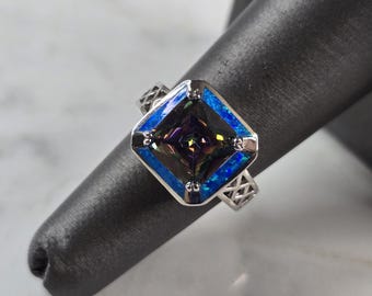 Womens Sterling Silver Modernist Blue Opal Mystic Topaz Ring 6.3g E879