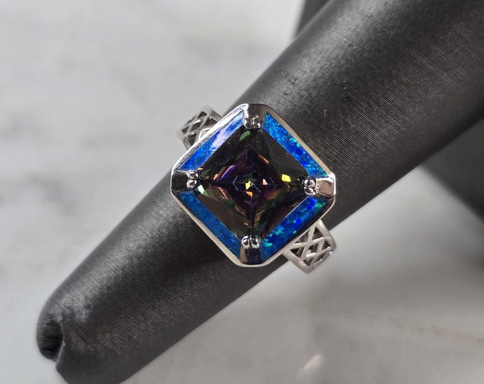 Womens Sterling Silver Modernist Blue Opal Mystic Topaz Ring 6.3g E879