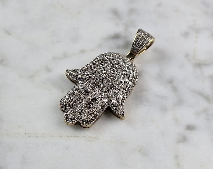 Vintage Estate 10K Gold Jewish Judaica Hamsa Pave Diamond Pendant, 5.9g E1951