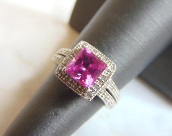 Womens Estate 10K White Gold Pink Sapphire Diamond Ring 3.9g E3348