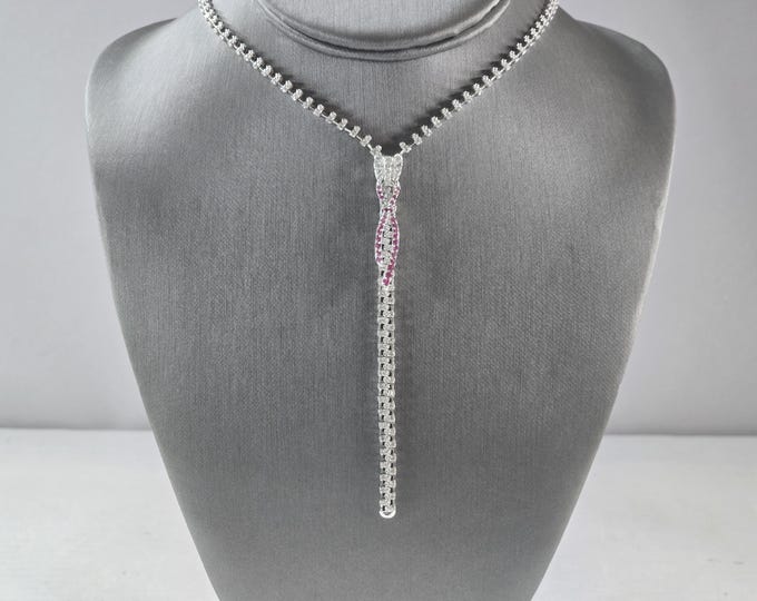 Womens Art Deco Sterling Silver CZ Pink Sapphire Tassel Necklace 25.5g E4051