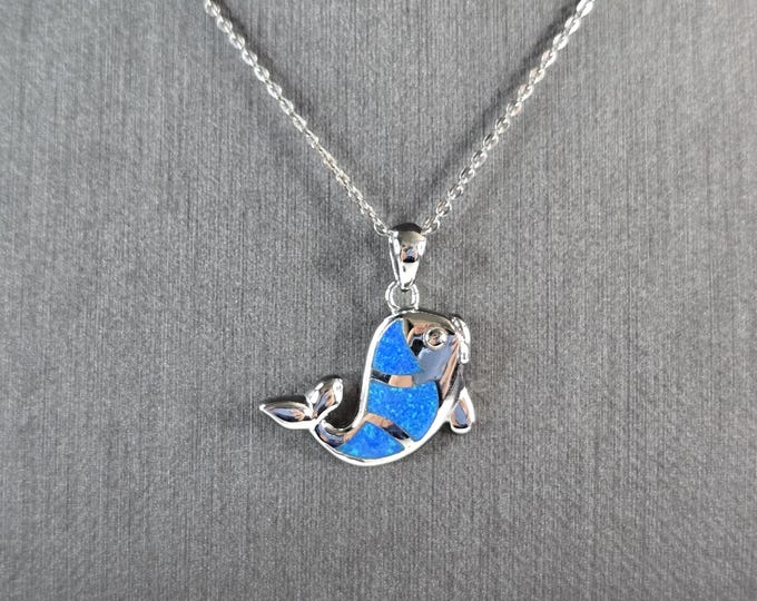 Womens Sterling Silver Blue Opal Fish Pendant Necklace 6.4g E7480