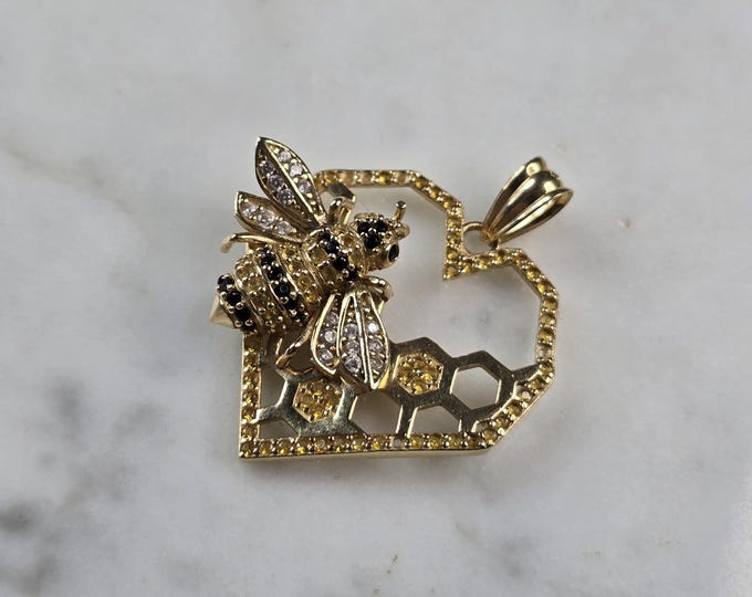 Womens Vintage Estate 14K Yellow Gold CZ Honeycomb Bee Pendant 4.0g E5525
