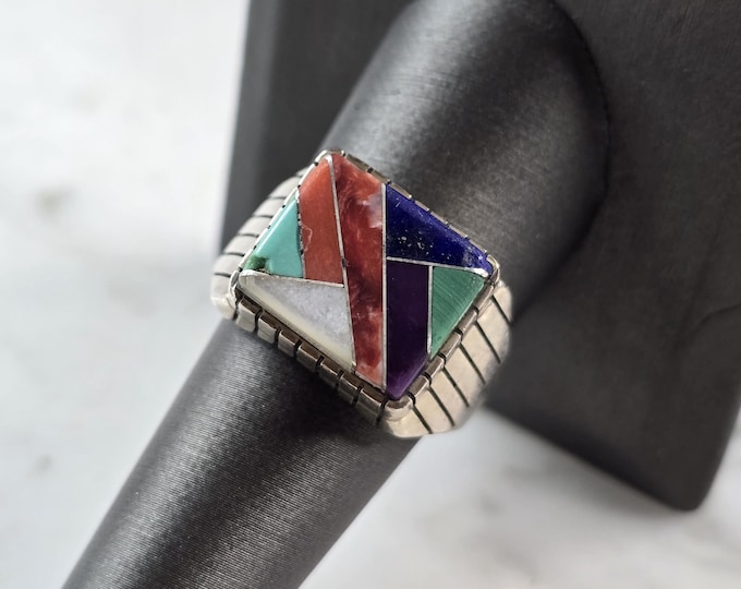 Womens Sterling Silver Ray Jack Navajo Turquoise Lapis Ring 13.4g E5837