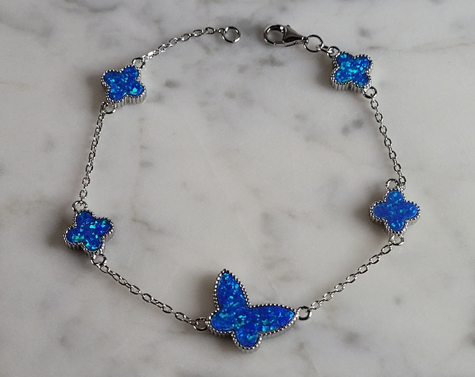 Womens Sterling Silver Blue Opal Butterfly Bracelet 8.0g E3739