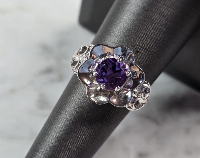 Womens Estate Sterling Silver Floral Amethyst Ring 6.2g E1504