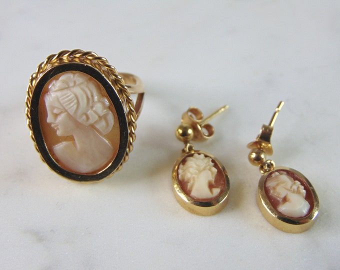 Womens Vintage Estate Cameo 18K Yellow Gold Earrings & Ring Set 8.5g E2365