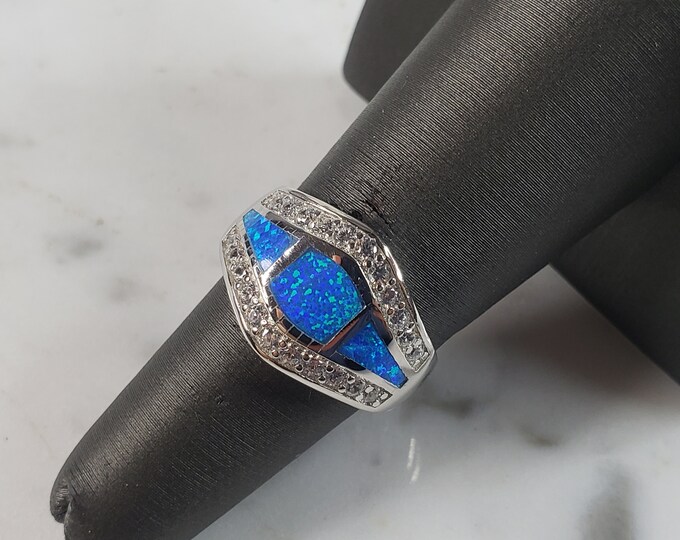 Womens Estate Sterling Silver Modernist Blue Opal & CZ Ring 3.7g E1410