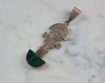 Womens Vintage Estate Sterling Silver Malachite Mayan Inca Pendant 8.2g E6170