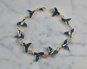Womens Sterling Silver Gold Tone Blue Opal Whale Tail Ocean Bracelet 11.8g E4192
