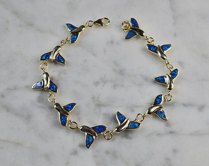 Womens Sterling Silver Gold Tone Blue Opal Whale Tail Ocean Bracelet 11.8g E4192