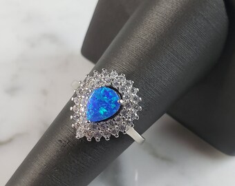 Womens Estate Sterling Silver Modernist Blue Opal & CZ Ring 4.0g E5058