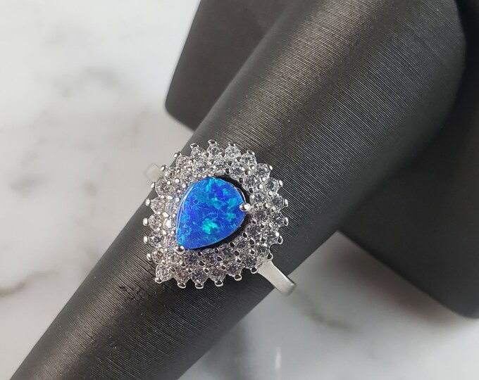 Womens Estate Sterling Silver Modernist Blue Opal & CZ Ring 4.0g E5058
