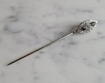 Womens Vintage Estate 14K Art Deco White Gold Diamond Sapphire Pin, 1.8g E6923