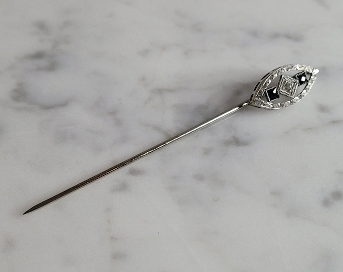 Womens Vintage Estate 14K Art Deco White Gold Diamond Sapphire Pin, 1.8g E6923