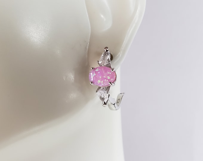 Womens Vintage Estate Sterling Silver Pink Opal Stone Earrings 2.7g E4107