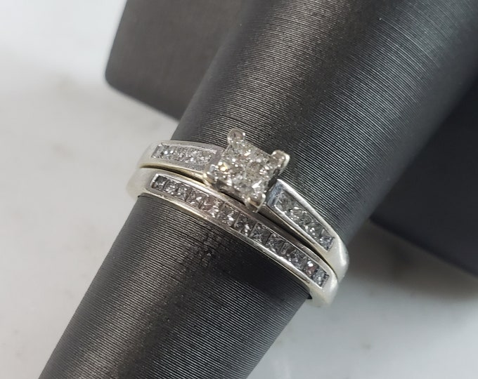 Womens Vintage Estate 14K White Gold Diamond Engagement Ring Set, 3.7g E1226