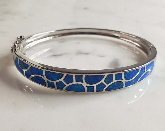 Womens Estate Sterling Silver Modernist Blue Opal Bangle Bracelet 19.1g E4028