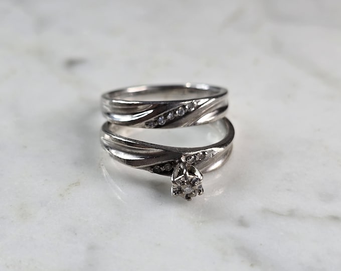 Womens Vintage Estate Sterling Silver Modernist Diamond Ring Set 5.5g E6863