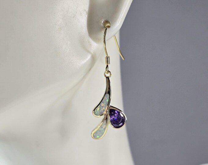 Womens Sterling Silver Gold Tone Modernist Opal Amethyst Earrings 2.7g E7152