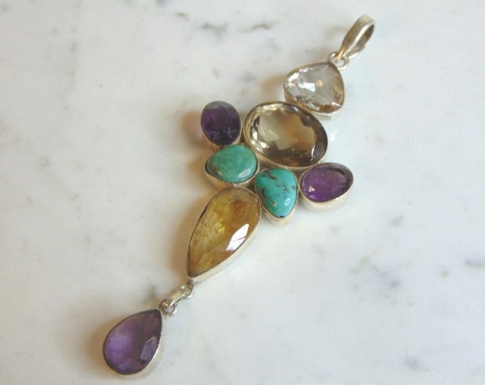 Womens Vintage Estate Sterling Silver Multi Stone Pendant 25.4g E5456